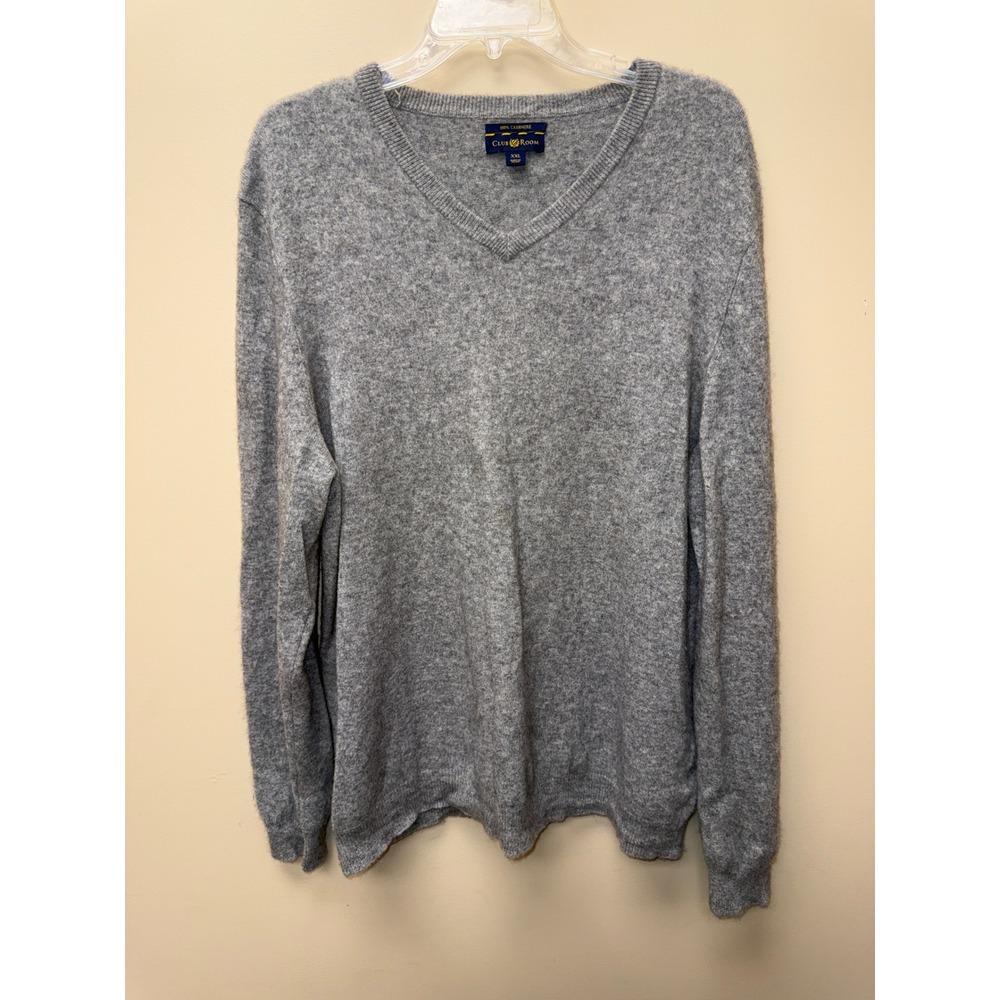 Club Room Mens 100% Cashmere V-Neck Sweater Heather Gray XXL Long Sleeve Knit
